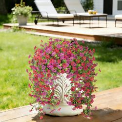Senjie 4 Pcs Artificial Hanging Flowers for Outdoor Spring Decor, UV Resistant Fake Silk Faux Flowers Plants for Outside Porch Patio Balcony Planters