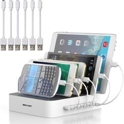 Charging Station for Multiple Devices, MSTJRY 5 Port Multi USB-A Charger Station with Power Switch Designed for iPhone iPad Cell Phone Tablets (White,