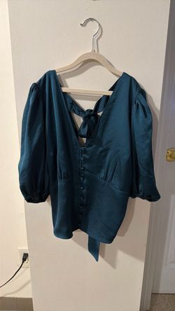 Teal Satin Puff Sleeve Blouse for women L