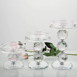 Set of 3 Crystal Glass Candle Holders – Silver – Elegant Home Decor