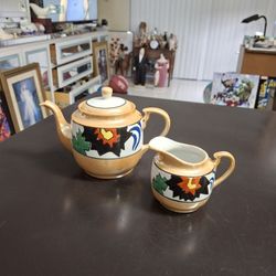 Vintage Mid 20th Century Lusterware 3 Cup Teapot With Creamer 2PC Set Hand-painted In Japan W/Abstract Design