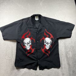 Vintage Chochie Casuals Mens L Black Flames Skulls Jnco Button Shirt Harley#2410