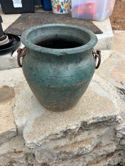 Rustic Green Terracotta Planter with Iron Handles