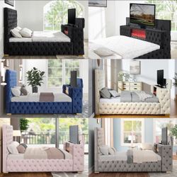 NEW FUTURE BED 7 MULTI COLOR LED FIREPLACE DISPLAY BLUETOOTH SPEAKERS 55in TV STAND IN FOOTBOARD With Mattress