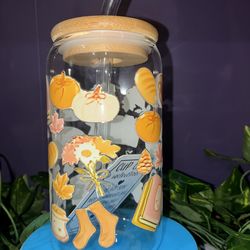 Cozy vibe themed 16 oz glass cup