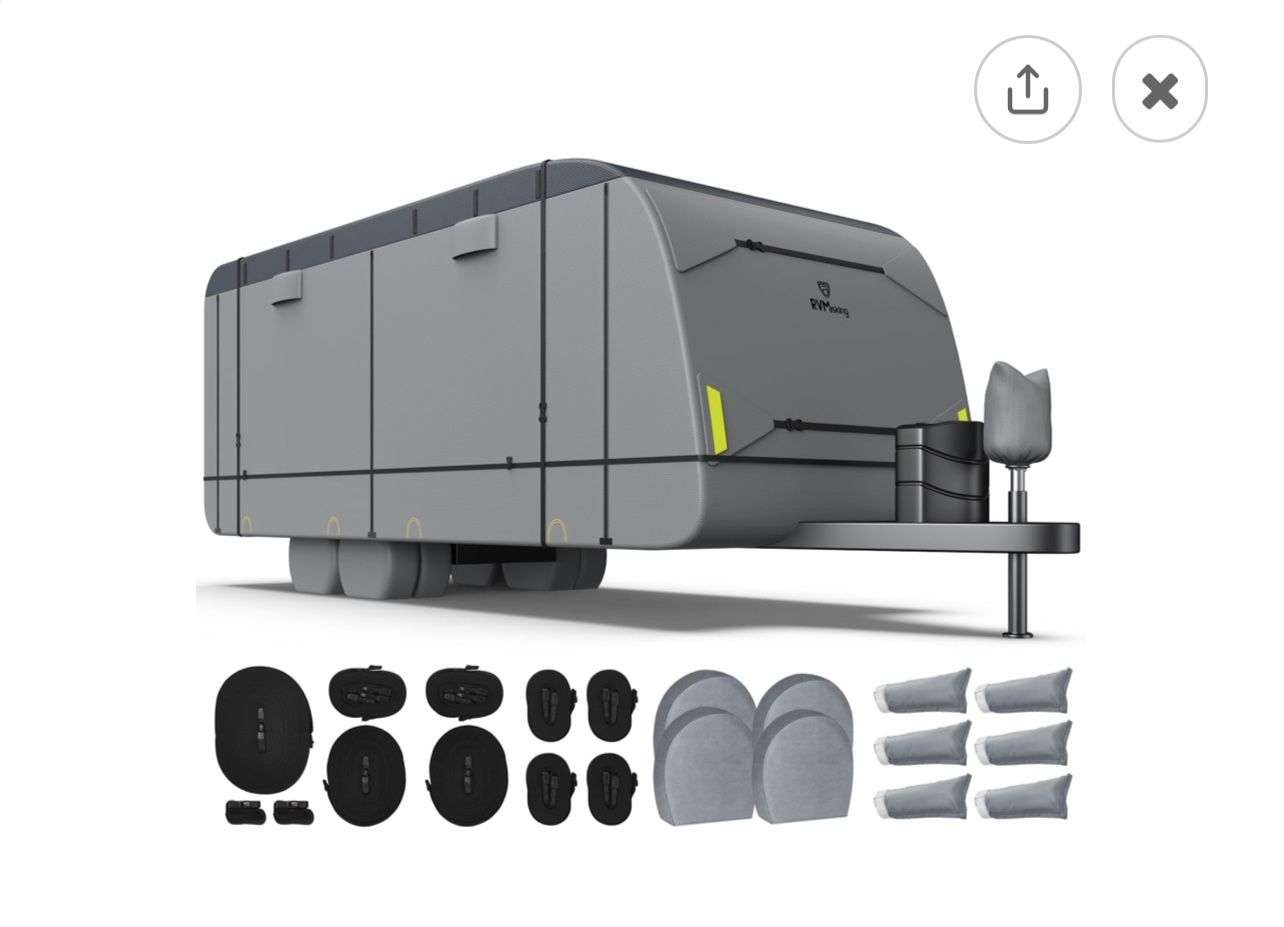 RVMasking RV Cover for 15'1"-18' - 600D Oxford Fabric Waterproof Rip-Stop, Heavy Duty Travel Trailer Cover with 3Pcs Windproof Straps, 4 Tire Covers &