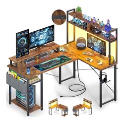 L Shaped Gaming Desk with Power Outlets, 48" Reversible L Shaped LED Computer Desk with Monitor Stand & Storage Shelf, Corner Gamer Desk Home Office D