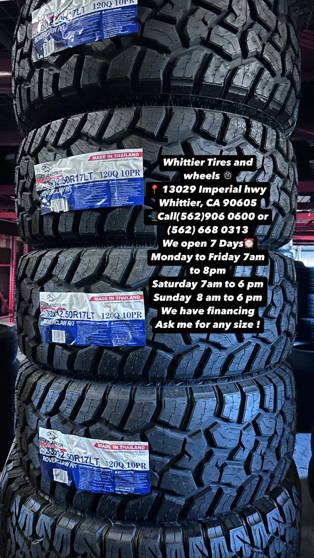 SET OF NEW TIRES33X12.50R17LT ATLANDER RT, INCLUDING MOUNTING AND BALANCING. ASK ME FOR ANY SIZE OR BRAND, WE HAVE THE BEST PRICES OF CALIFORNIA