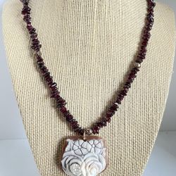 Garnet  Necklace  With  Shell  Pendant  22” Inches Long 
