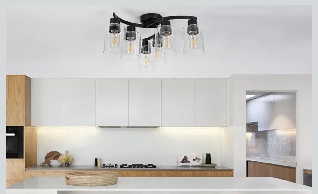 WILON 20'' 6-Light Large Black Semi Flush Mount Ceiling Light Fixture with Clear Glass Shades