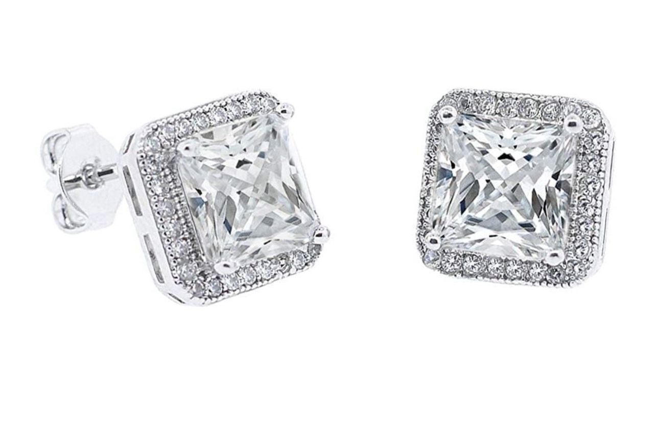 Cate & Chloe Norah 18k White Gold Plated Silver Stud Earrings with Crystals | Princess Cut CZ Earrings for Women