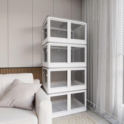  4-Pack Transparent Stackable Storage Bins with 5 Doors to Open with Wheels, Folding Plastic Craft Containers Large Closet Organizers Box for Bedrooms