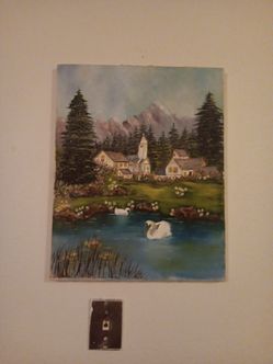 Original Oil Painting Village Lake Swan Scene