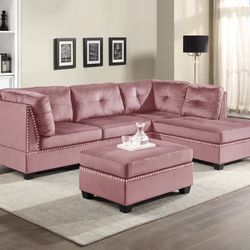 Sienna Pink Velvet Sectional with Ottoman / couch 
