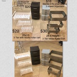 Rolling Storage Carts & Drawer Organizer-Prices Listed On Photo-$16 & Up-Measurements listed on photo 