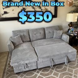 Corduroy Fabric Sectional Couch 🛋️ Brand New In Box Light Gray Color Storage Space ✅ Pull Out Bed ✅ Reversible L ✅ Corduroy Fabric ✅