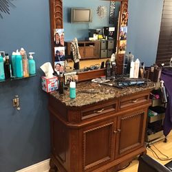 TWO HAIR SALON STATIONS WITH MIRRORS