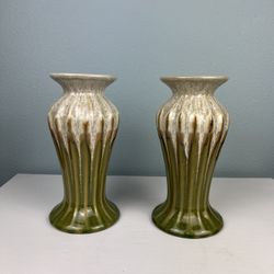 2 Green/ White Shiny Ceramic Candle Holders 