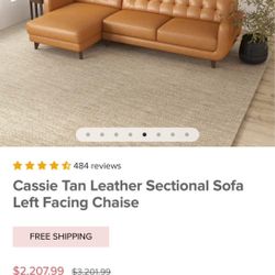 Cassie Tan Leather Sectional Sofa Left Facing Chaise