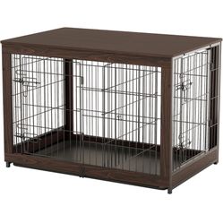 Piskyet Wooden Dog Crate Furniture with Divider Panel, Dog Crate End Table with Fixable Slide Tray, Double Doors Dog Kennel Indoor for Dogs(L:37.8" L*