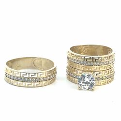 Men’s and Women’s 10k Yellow Gold 3 Wedding Ring Set CZ Cubic Zirconia Greek Key Design Husband and Wife Wedding Bands and Engagement Rings Sizes 10 &