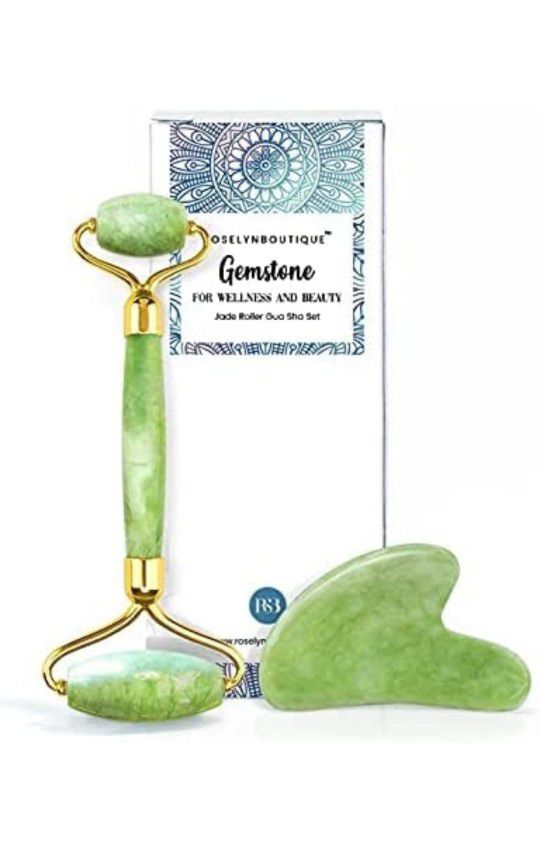 Gua Sha & Face Jade Roller Massager - Natural Healing Crystal Relaxing Relieve Wrinkles (Green)