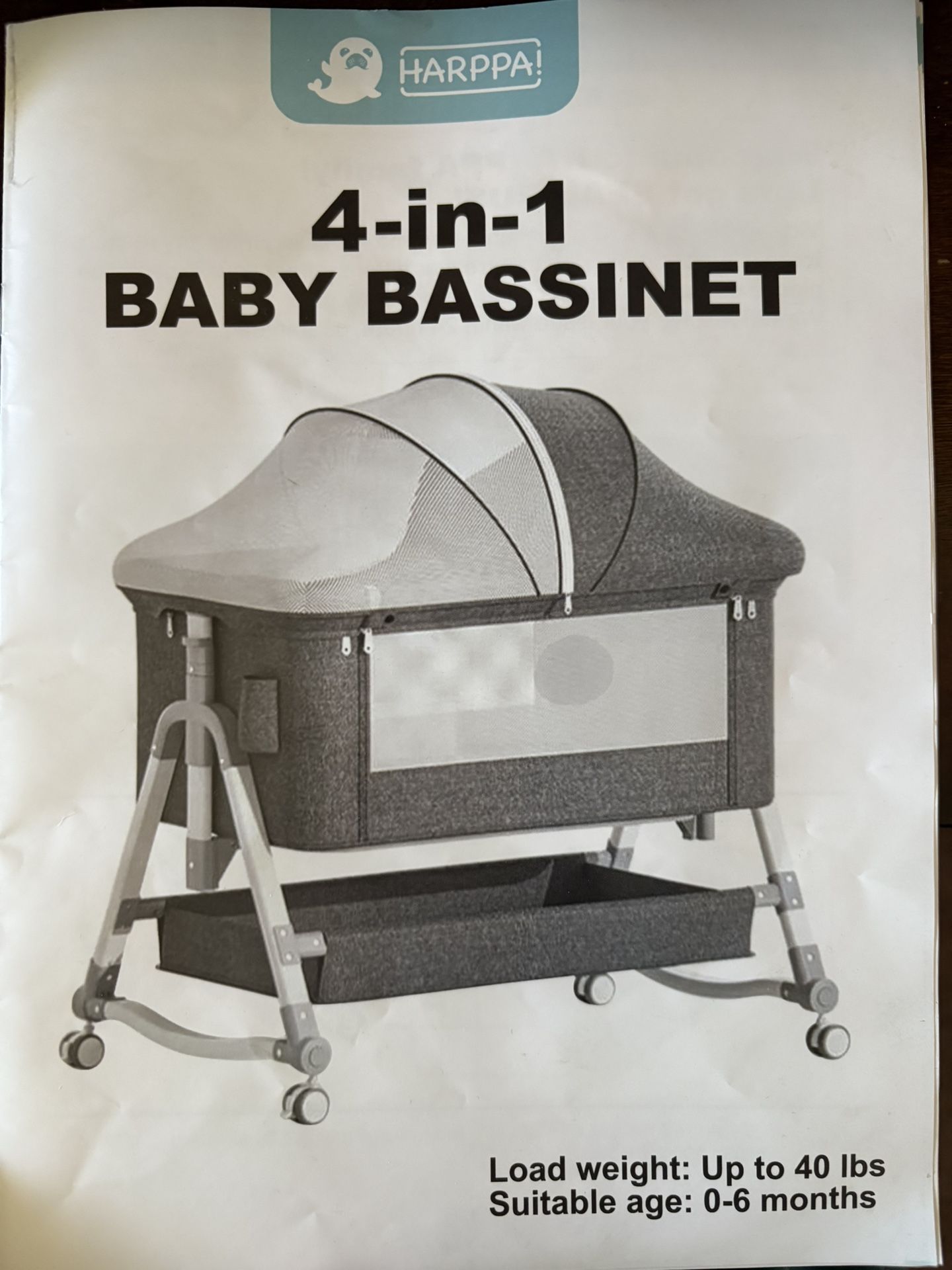 Harppa 4-in-1 Baby Bassinet/Bedside Sleeper (Grey/Gray)