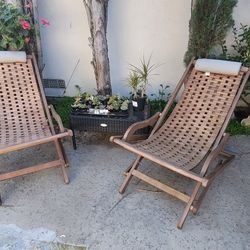 2 Outdoor Wooden Lounge Chairs w/ Headrest Cushions (Pair)