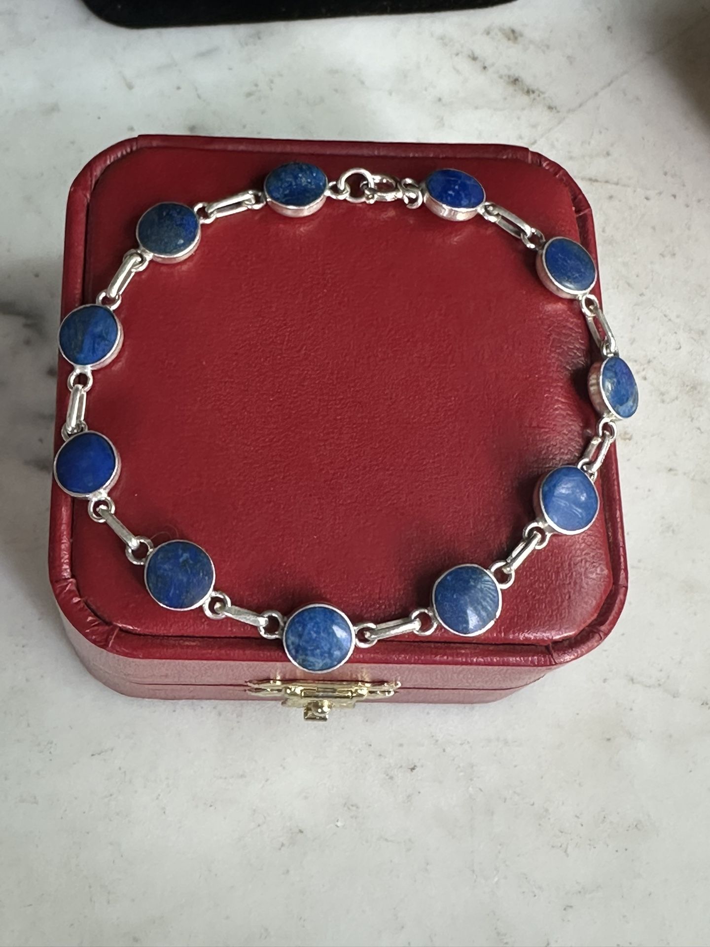925 Sterling Silver Genuine Lapis Azule Bracelet, 7.5 In . Marked 950, Nice Bracelet