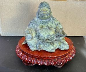 Hand-Carved Stone Buddha Figurine with Wood Stand