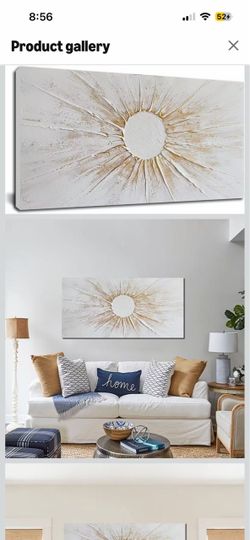 Brand New!Boho Sun Wall Art White Gold Neutral Textured Minimalist Artwork 20x40 In Abstract Hand Painted, Sunburst Canvas Painting,Large Wall Art for