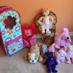 Beanie Babies, Plush Dolls, Peacock Chair For Dolls AnD Rolling Case For Dolls 