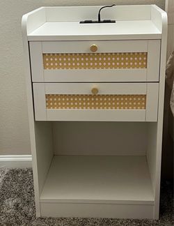 White Nightstand with Rattan Drawers and Charging Station
