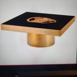 Eichholtz  Black Glass Top Coffee Table With Log Insert Brass Base and Trim