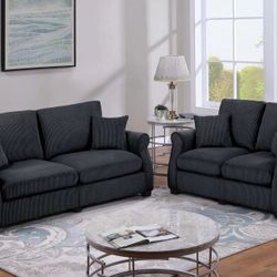 Brand New Black Corduroy Sofa & Loveseat 