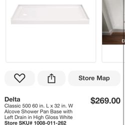 Delta Classic 500 60 in. L x 32 in. W Alcove Shower Pan Base with Left Drain in High Gloss White