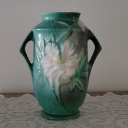 Vintage Roseville Dual Handle Vase Green Floral 9 1/4" tall Made in USA 65-9