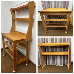 Butcher block bakers rack kitchen island. Microwave table, cutlery slots, wheels, spice rack, bottom storage, hooks.