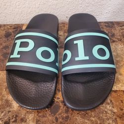 NEW Polo Ralph Lauren Logo Slides Black Teal Sandals Men’s Size 13