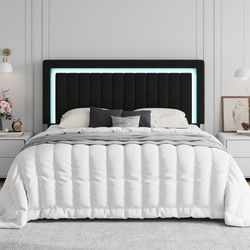 King Size Velvet Bed Frame with LED Light, Adjustable Vertical Channel Tufted Headboard, Strong Wooden Slats Support, Noise-Free, No Box Spring Needed