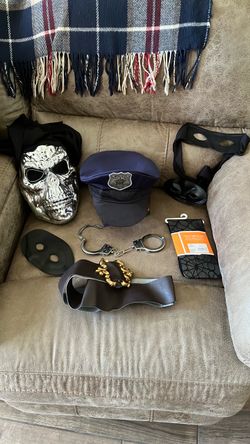 Halloween accessories Mask, police hat w/ cuffs, web tights, Zorro/ bat man mask