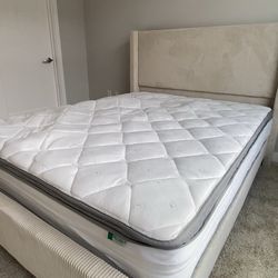 Queen Upholstered Bed Frame + Mattress (Like New, Cream) – MUST GO by 12/16
