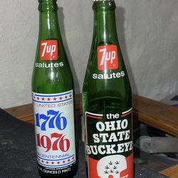  2 VINTAGE 7 UP Bottles 1973 Ohio State Buckeyes and 1976 Commemorating USA's Bicentennial 1(contact info removed)