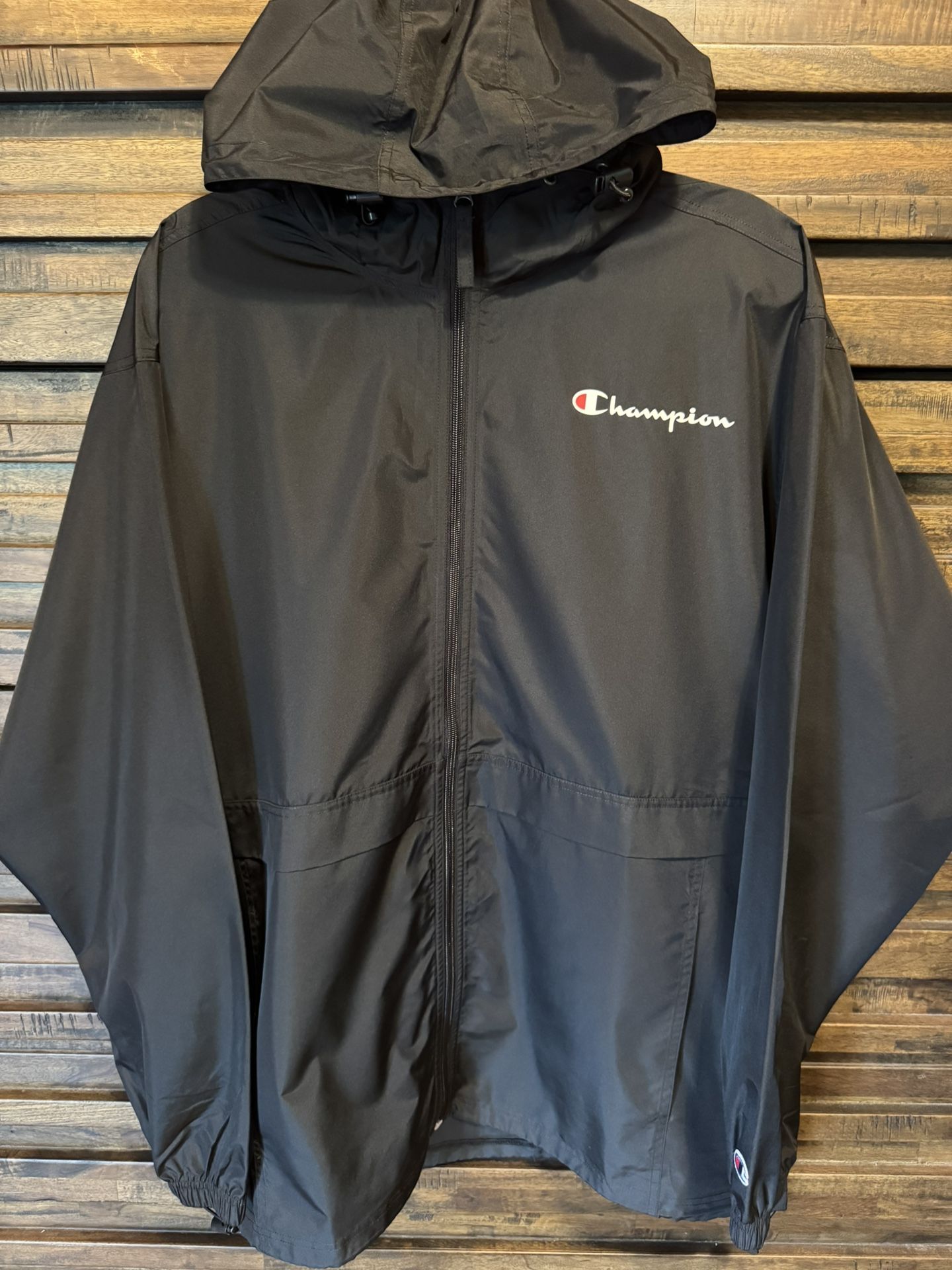 Champion Stadium Full Zip Jacket Script Logo Black Hooded Mens XL Windbreaker