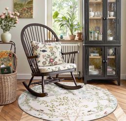 jinchan Yarden Round Rugs 5ft Ivory Botanical Birds Print Machine Washable 5' Circle Nature Plants Modern Soft Non Slip Throw Area Rugs Ultra Thin Low