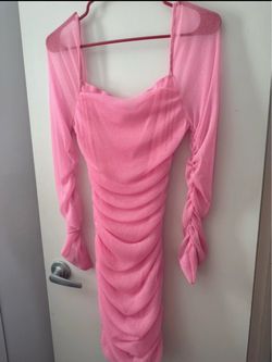 Pink Ruched Mesh Long Sleeve Midi Dress