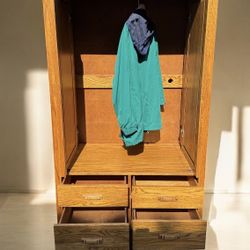 Traditional solid oak clothes wardrobe armoire w/4 drawers: 22 deep by 40 1/2 L by 72H.