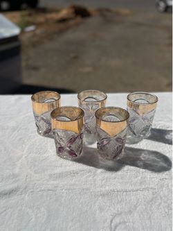 Vintage Gold Rim & Purple Accent Cordial/Liqueur Glasses – Set of 5