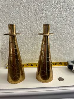 Vintage Engraved Brass Conical Taper Candlesticks (Pair)