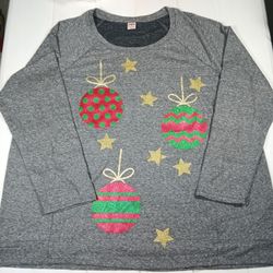 Womens 2XL Grey Glitter Ornaments Long Sleeve Christmas Holiday Sweatshirt Top